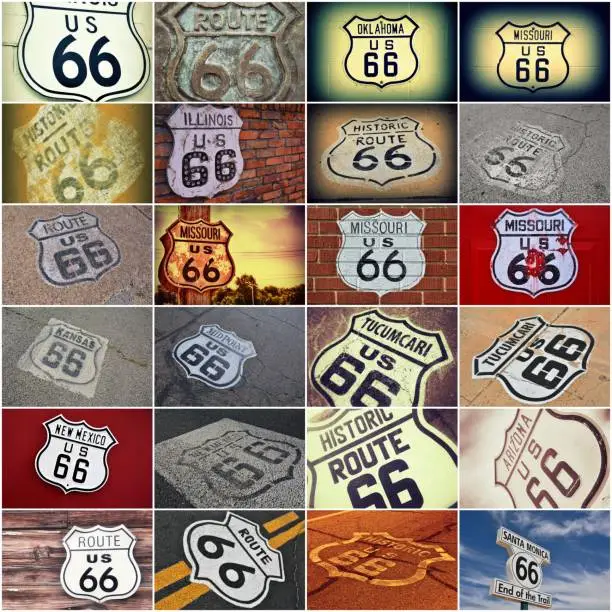 Historic U.S. old Route 66 signs.
