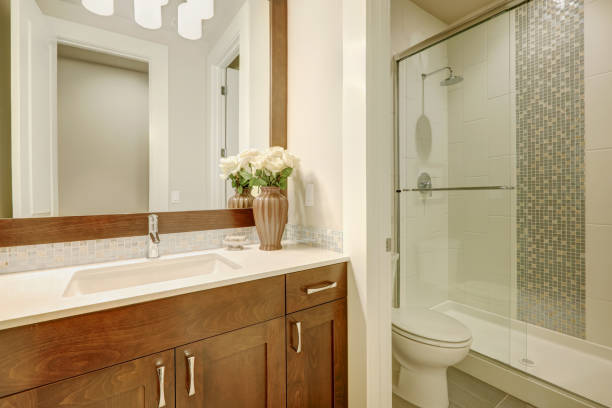 istock White and clean bathroom design in brand-new home 876858402