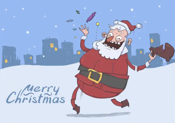 Vector illustration of Christmas card with funny smiling Santa Claus. Santa brings gifts and throws candies on snowy evening city background . Horizontal vector illustration. Cartoon character with lettering. Copy space.