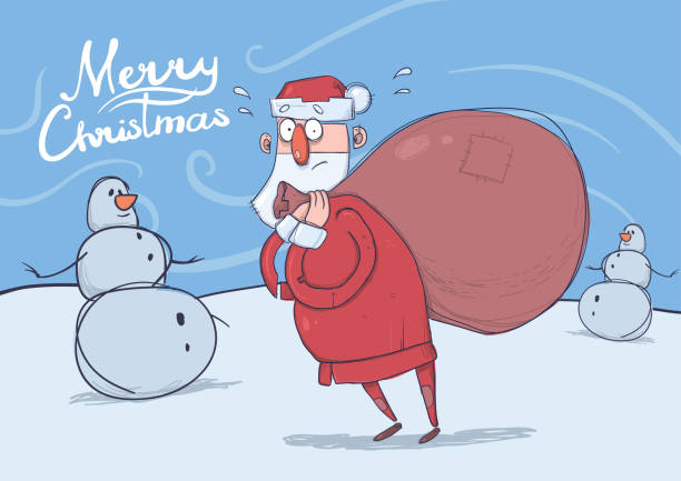 Christmas card of funny confused Santa Claus with big bag standing next to snowmen in frosty windy weather. Santa looks lost. Horizontal vector illustration. Cartoon character. Lettering. Copy space. Christmas card of funny confused Santa Claus with big bag standing next to snowmen in windy weather. Santa looks lost. Horizontal vector illustration. Cartoon character. Lettering. Copy space. lost in space stock illustrations