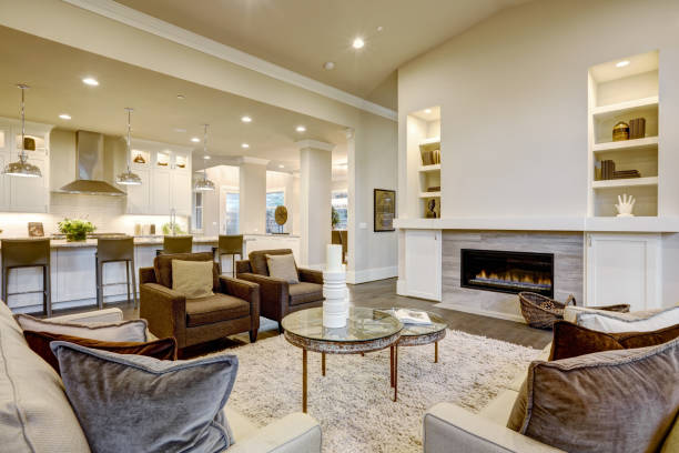 istock Chic living room design in natural colors and open plan. 876864596