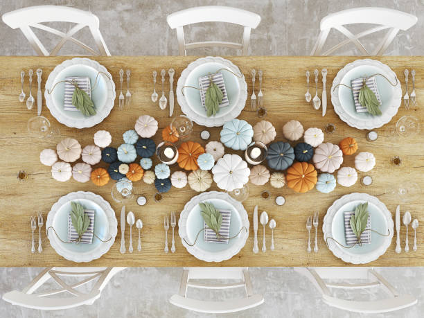 istock top view nordic kitchen in an apartment. 3D rendering. thanksgiving concept. 876865412