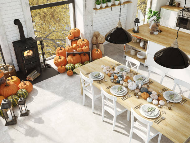 istock top view nordic kitchen in an apartment. 3D rendering. thanksgiving concept. 876865466