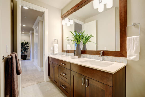 istock White and clean bathroom design in brand-new home 876865490