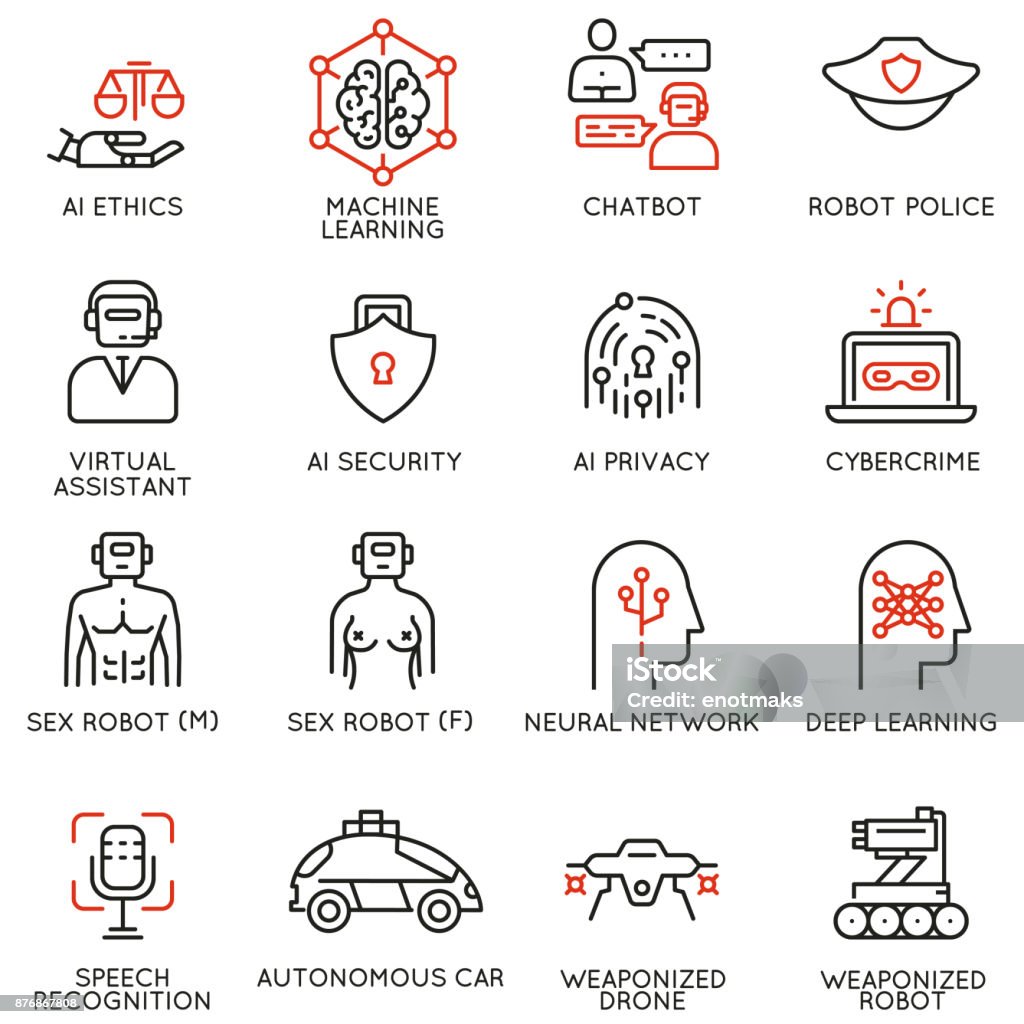 Vector icons related to artificial intelligence ethics, machine learning Vector set of 16 linear icons related to artificial intelligence ethics, machine and deep learning. Mono line pictograms and infographics design elements Icon Symbol stock vector