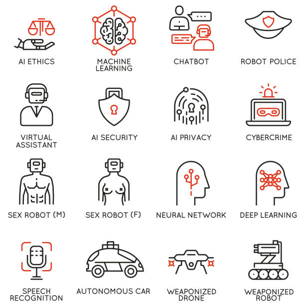 Vector icons related to artificial intelligence ethics, machine learning Vector set of 16 linear icons related to artificial intelligence ethics, machine and deep learning. Mono line pictograms and infographics design elements research ethics stock illustrations