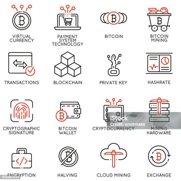Icônes Vectorielles Associés À Monnaie Virtuelle Les Cryptocurrency Et Les Mines De Bitcoin Vecteurs libres de droits et plus d'images vectorielles de Chaîne de blocs
