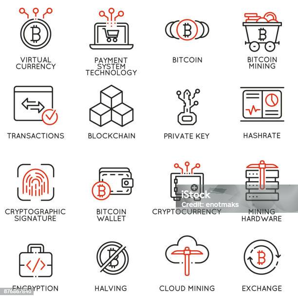 Vetores de Ícones Do Vetor Relacionados A Moeda Virtual Cryptocurrency E Mineração Bitcoin e mais imagens de Blockchain