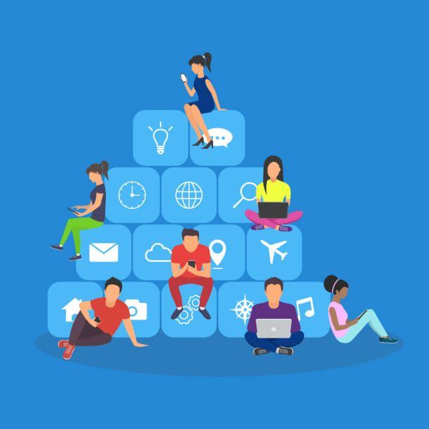 Young men and women sitting on mobile app icons Young men and women sitting on mobile app icons and using smartphone and laptop for reading news and texting message to friends. Flat design электронная почта stock illustrations