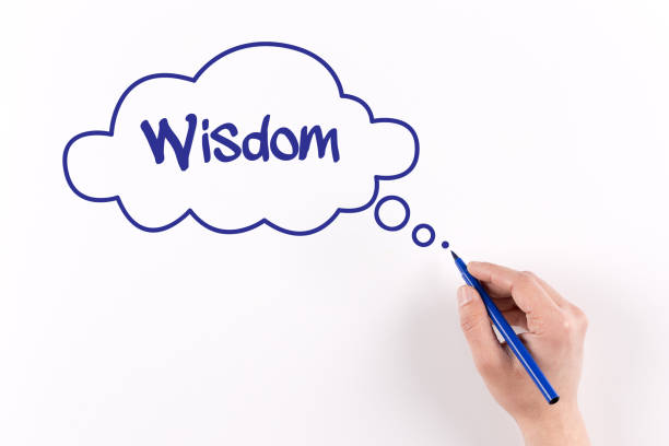 istock Hand writing WISDOM on white paper, View from above 876880014