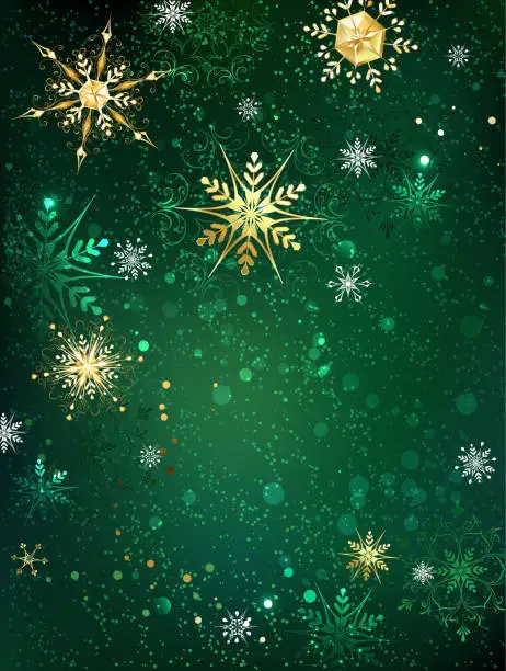 Vector illustration of Gold snowflakes on a green background