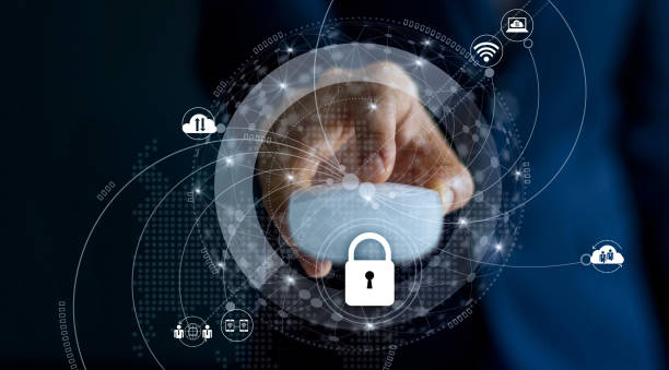 istock Cyber Security and Data network protection Privacy Business Concept. Businessman with mouse in hand and lock icon with customer network connection on dark background. 876883006