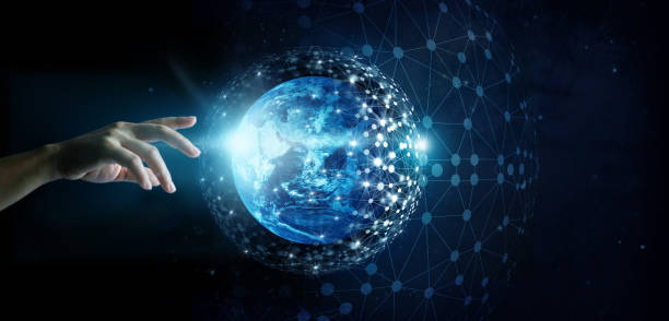 istock Hand of touching global network connection and data exchanges on the planet earth background, Elements of this image furnished by NASA 876883156