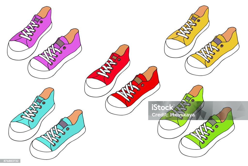 Various Converse Shoes Hand Drawn Fashion Vector Set Red Blue Yellow Green  Pink Shoes Stock Illustration - Download Image Now - iStock