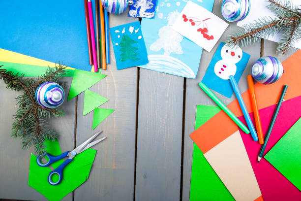 istock Christmas Handmade accessories on wooden table. Flat lay. Copy space, 876884232