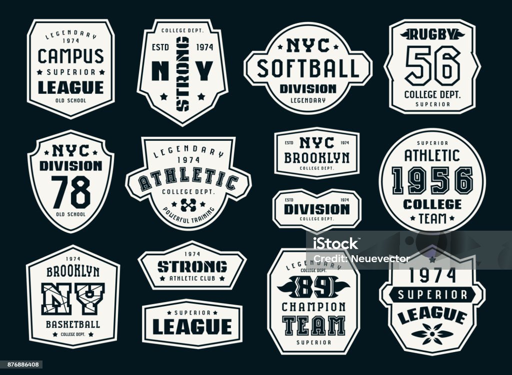 Set of emblems and patches in sport style Set of emblems and patches in sport style. Softball, basketball and rugby themes. Graphic design for t-shirt. Print on black background American Football - Sport stock vector