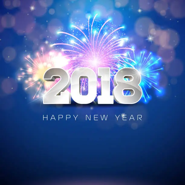 Vector illustration of Happy New Year 2018 Illustration with Firework and 3d Text on Shiny Blue Background. Vector EPS 10.