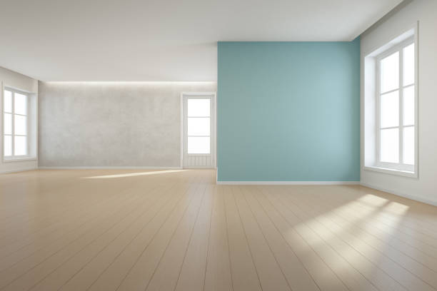 大家族、白いビンテージ ウィンドウ空ホールや自然光スタジオのドアにモダンな新しい家で大きな部屋に青い壁背景を持つ木製の床 - wall office indoors white ストックフォトと画像
