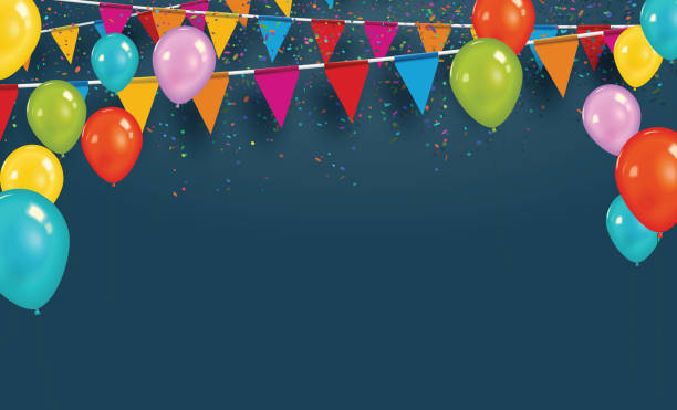 illustrations, cliparts, dessins animés et icônes de drapeaux du vecteur parti avec des ballons et de confettis. célébrer le concept. - anniversaire