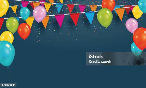 Vector Party Flags With Confetti And Balloons Celebrate Concept Stock Illustration - Download Image Now