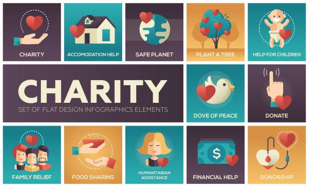 illustrazioni stock, clip art, cartoni animati e icone di tendenza di charity - set di elementi infografici di design piatto - sea of tranquility