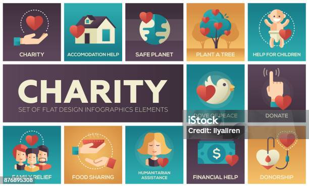 チャリティ インフォ グラフィックのフラット デザイン要素の設定 - 慈善事業のベクターアート素材や画像を多数ご用意 - 慈善事業, アイコン, チャリティーイベント