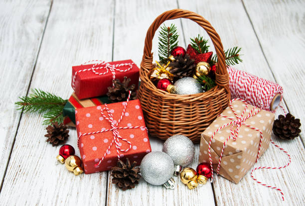 istock Christmas baubles in basket 876895734