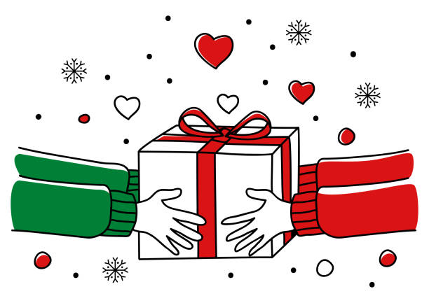 ilustrações de stock, clip art, desenhos animados e ícones de hands giving christmas present - symbol snowflake doodle heart shape