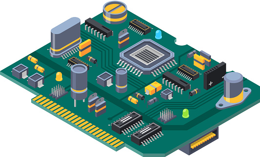 Hardware equipment for computers. Semiconductors, capacitor and chips. Electrical computer semiconductor, component of circuit. Vector illustration
