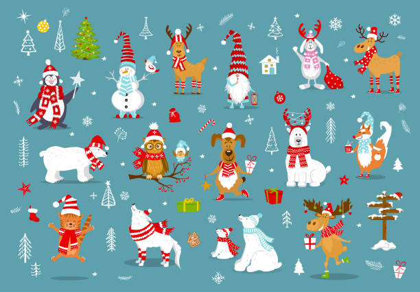 frohe weihnachten frohes neues jahr winter cartoon nette lustige tiere in santa hüte schals mit geschenke-kollektion. - rabbit humor animal cartoon stock-grafiken, -clipart, -cartoons und -symbole