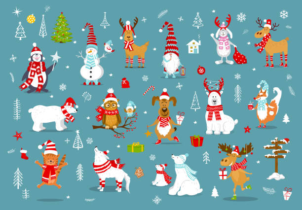 ilustraciones, imágenes clip art, dibujos animados e iconos de stock de feliz navidad feliz año nuevo invierno lindo divertido animales de la historieta en bufandas sombreros de santa con regalos de colección. - merry xmas