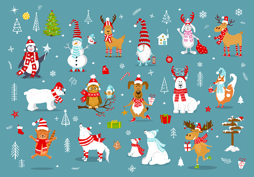 merry christmas  happy new year winter cartoon cute funny animals in santa hats scarfs with presents collection. polar bears, reindeer, deer, fox, cat, dog, wolf, rabbit, penguin, owl, birds, gnome , snowman and xmas graphic decorations set
