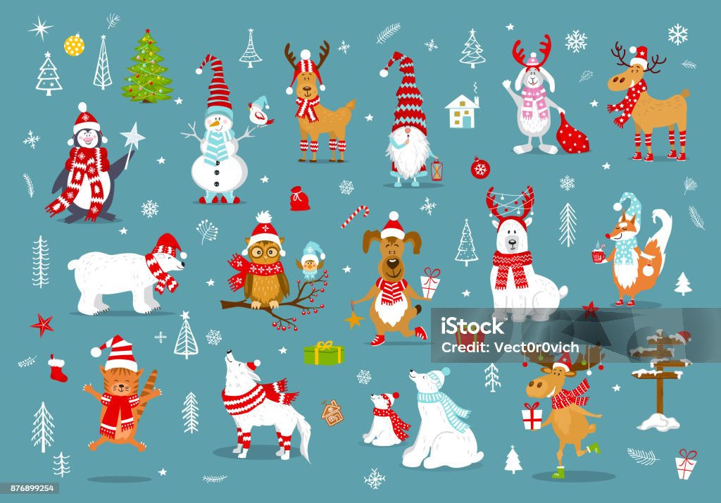 Merry Christmas Happy New Year Winter Cartoon Cute Funny Animals In Santa  Hats Scarfs With Presents Collection Stock Illustration - Download Image  Now - iStock