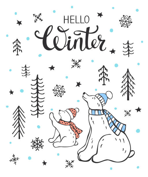 hallo winter saison weihnachten gruß handgezeichnete grußkarte mit zwei großen und kleinen niedlichen polar bears mützen und schals in den wald - winter woods frost fragility stock-grafiken, -clipart, -cartoons und -symbole