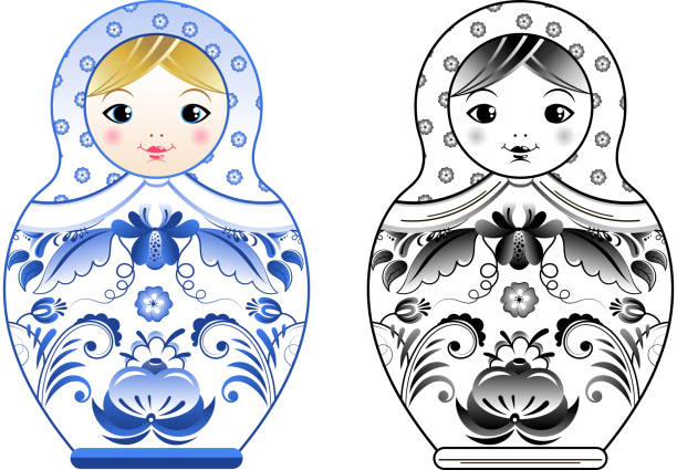 illustrazioni stock, clip art, cartoni animati e icone di tendenza di immagini vettoriali di matryoshka russo dipinte in stile gzhel. illustrazioni colorate e lineari - russian nesting doll doll russia decoration