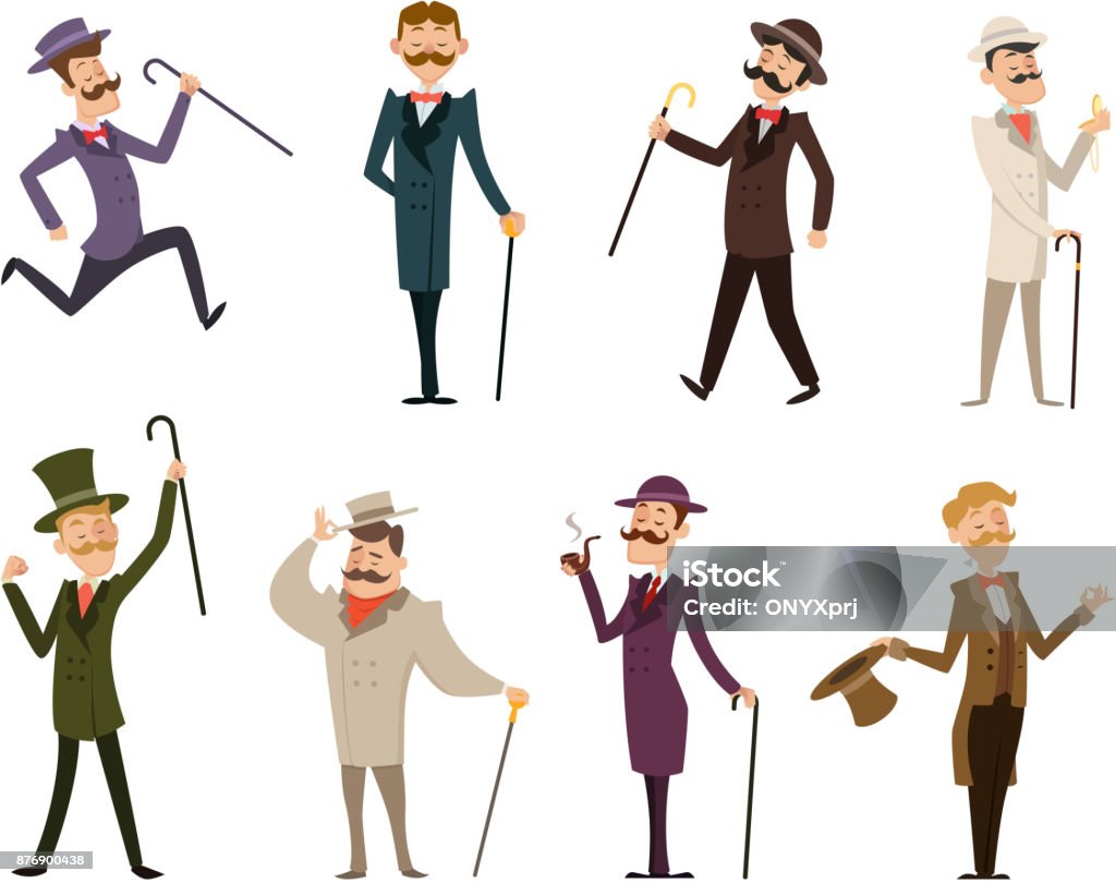 Set of english victorian gentlemen. Characters in dynamic poses Set of english victorian gentlemen. Characters in dynamic poses. Collection of gentlemen in suit clothing, gentleman english gallant aristocrat. Vector illustration Men stock vector