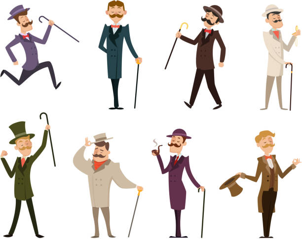 Set of english victorian gentlemen. Characters in dynamic poses Set of english victorian gentlemen. Characters in dynamic poses. Collection of gentlemen in suit clothing, gentleman english gallant aristocrat. Vector illustration metrosexual stock illustrations