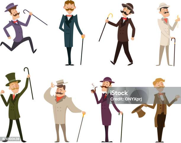 Set Of English Victorian Gentlemen Characters In Dynamic Poses Stock Illustration - Download Image Now