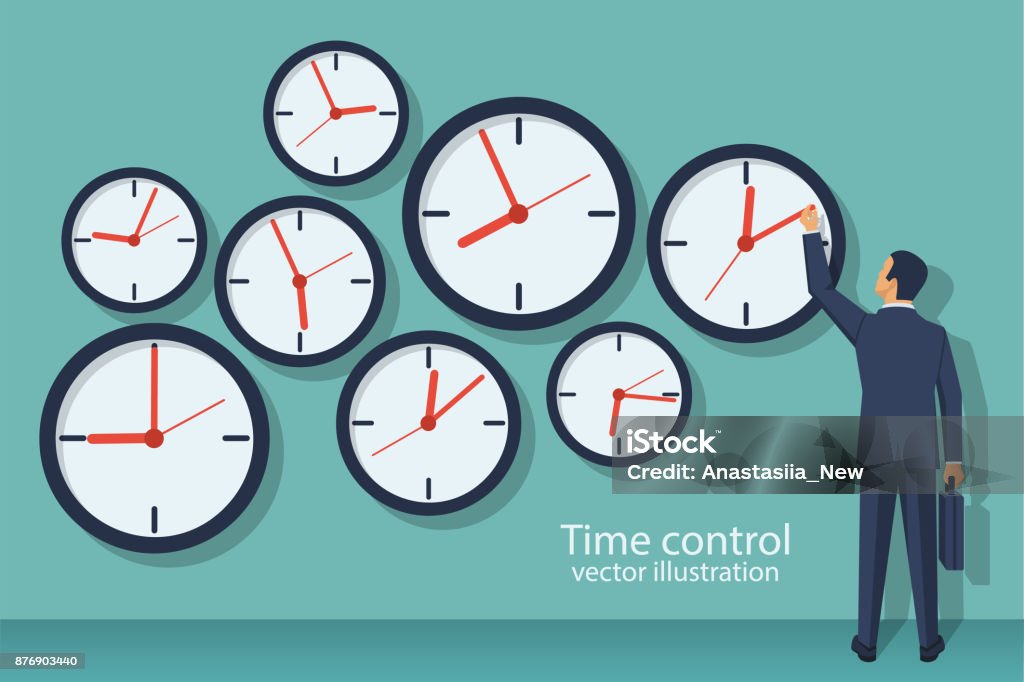 Time control concept. Time control concept. Organization of process. Vector illustration flat design. Isolated on background. Businessman standing at wall with clock adjusts time. Clock stock vector