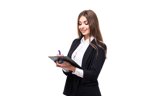 istock Business woman writing a note in blank on white background 876906356