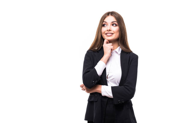 istock Young beautiful business woman thinking making choice, isolated on white 876906778