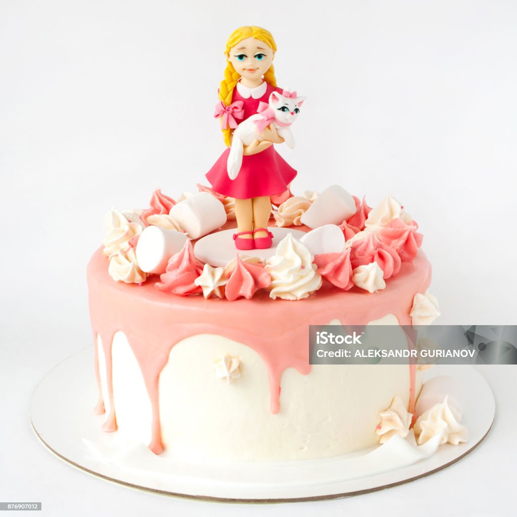 Birthday Pink Cake Decorated With Figure Of A Girl With A Cat ...