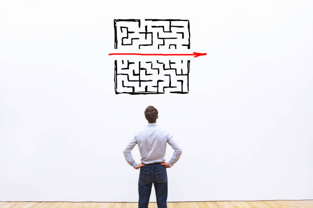 problem and solution concept problem and solution concept, business man thinking about exit from complex labyrinth exit sign photos stock pictures, royalty-free photos & images