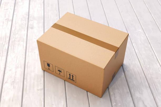 Cardboard box on porch floor Cardboard box on porch floor in front of entrance door. Doorstep parcel delivery, free shipping, and online shopping concept. 3D illustration doorstep stock pictures, royalty-free photos & images