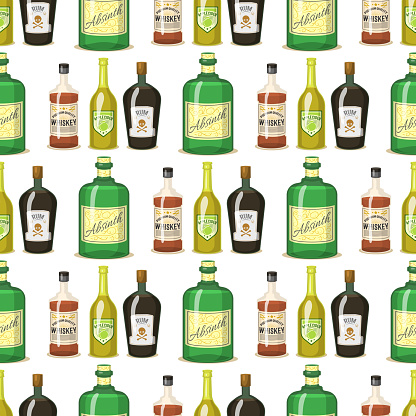 Alcohol Strong Drinks In Bottles Cartoon Glasses Seamless Pattern  Background Whiskey Cognac Brandy Wine Vector Illustration Stock  Illustration - Download Image Now - iStock