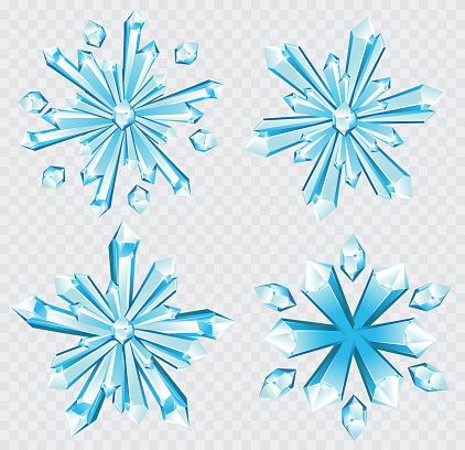 Collection of blue ice crystals and crystal snowflake