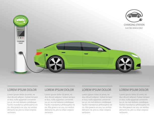 Vector banner with electric car and charging station Vector banner with electric car and charging station electric car stock illustrations