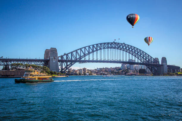 istock Hot air balloon over Sydney bay 876916150