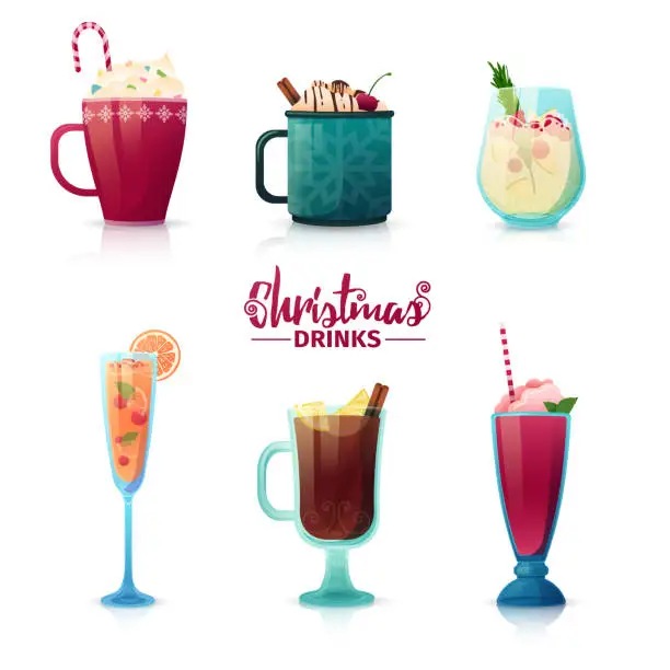 Vector illustration of Set of design of Christmas drinks in cartoon style. Mulled wine, hot chocolate, milkshake for the New Year holiday. Design of cocktails for menu decoration. Vector.