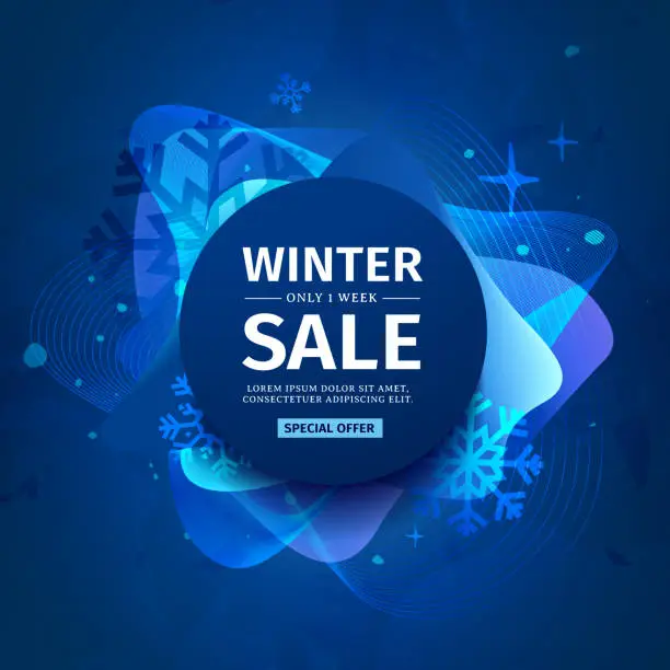 Vector illustration of Design banner with abstract elements for the happy new year sale on a background of blurred splashes with a gradient and blue waves. Template for winter promotion. Season winter concept. Vector.
